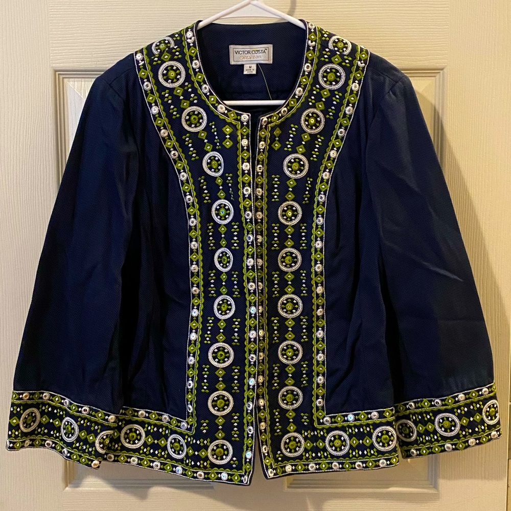 Victor Costa Navy Jacket with Lime Green Embroidered Trim